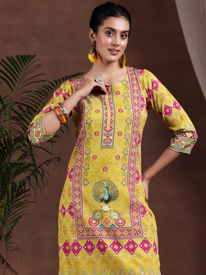 Mustard Printed Poly Crepe Straight Kurta Set
