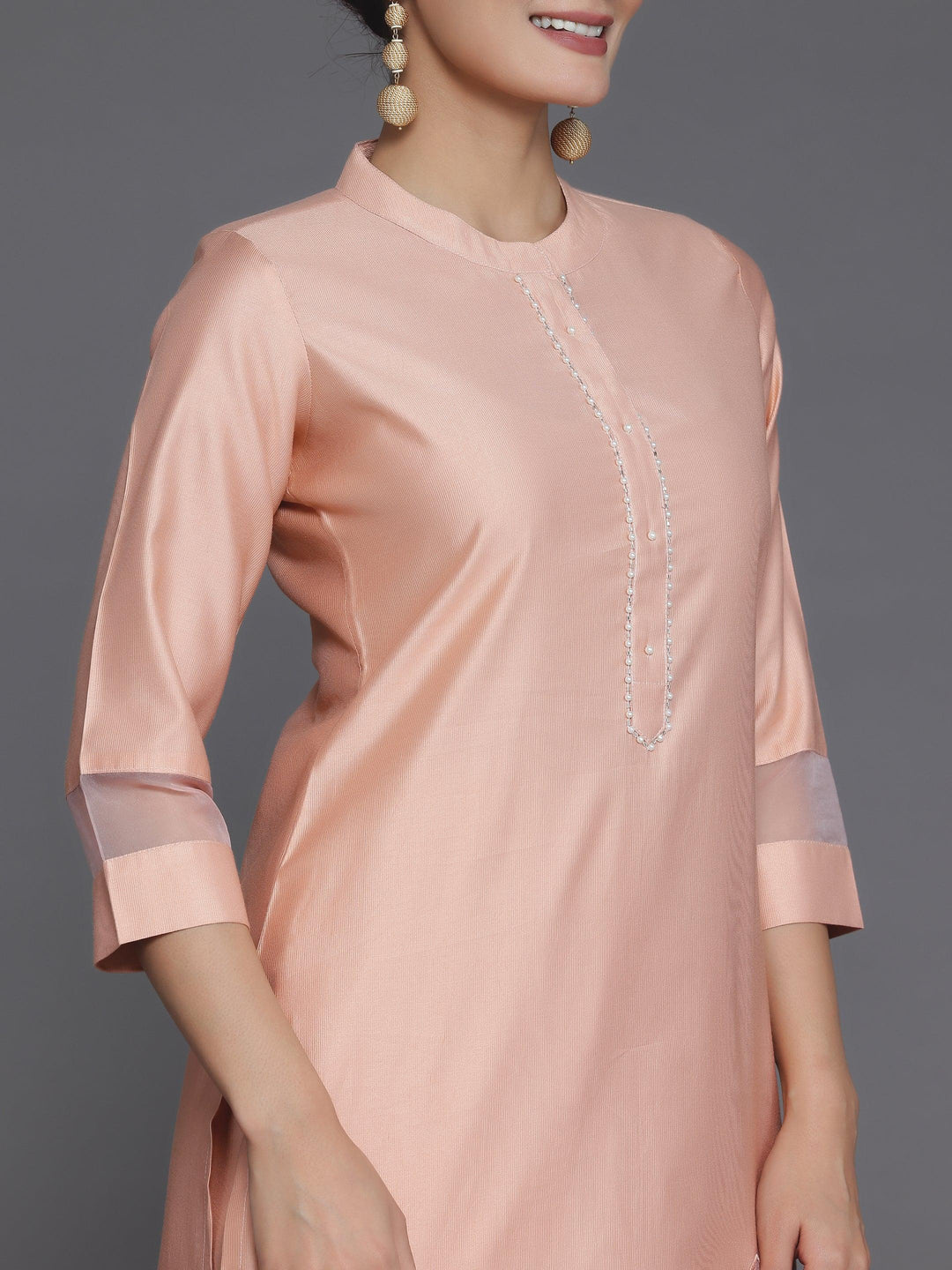 Peach Solid Silk Blend Straight Suit With Dupatta