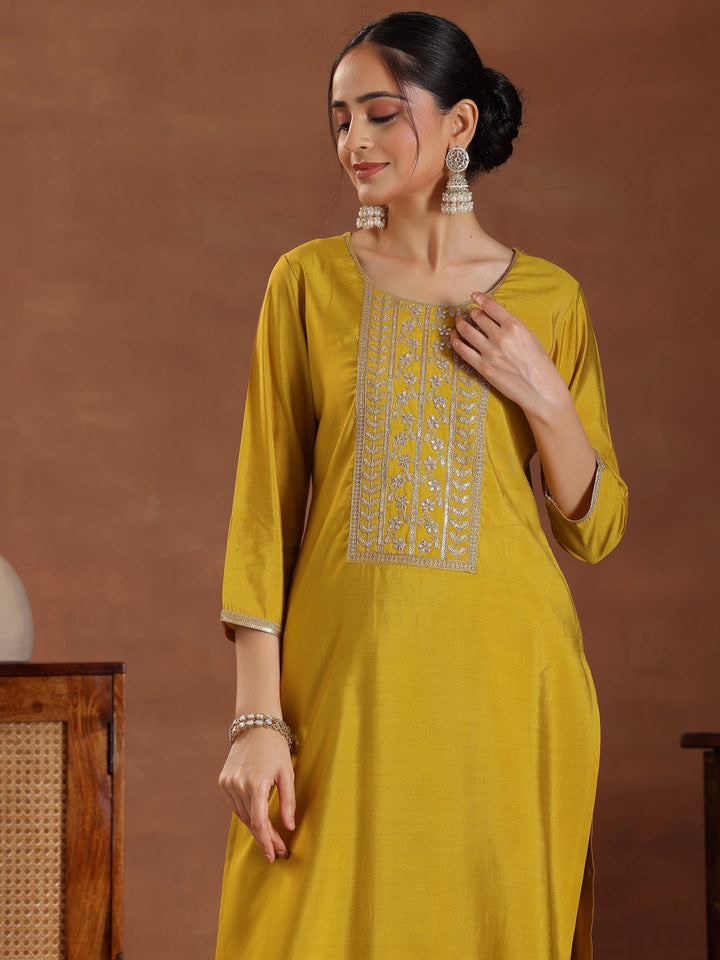 Mustard Yoke Design Silk Blend Straight Suit With Dupatta