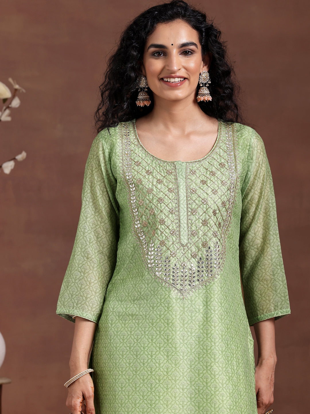 Green Printed Silk Blend Straight Suit With Dupatta