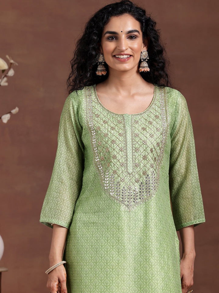Green Printed Silk Blend Straight Suit With Dupatta