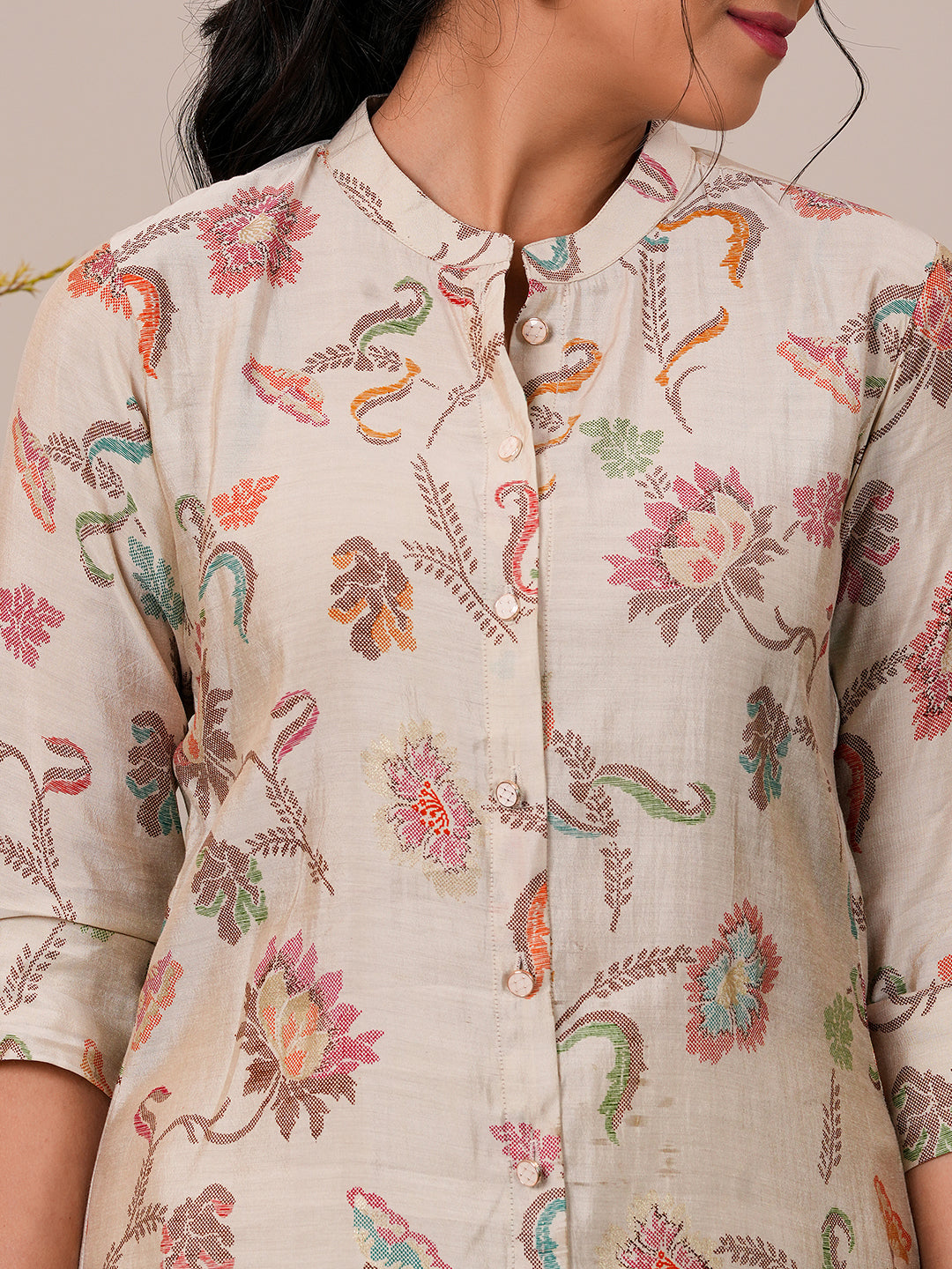 Beige Printed Silk Blend A-Line Kurti