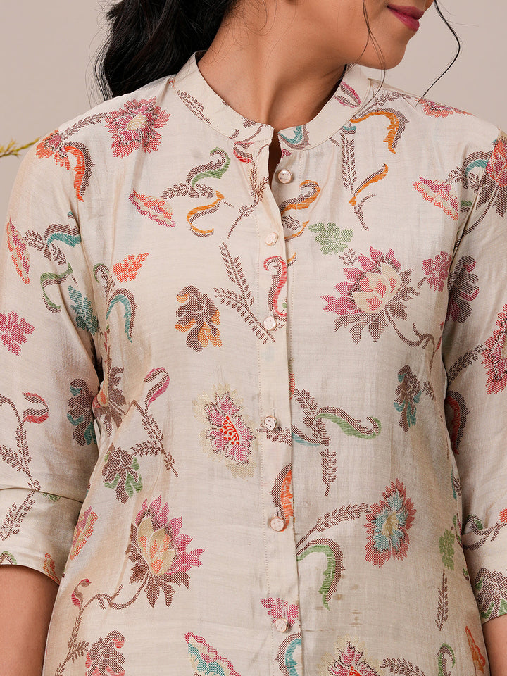 Beige Printed Silk Blend A-Line Kurti