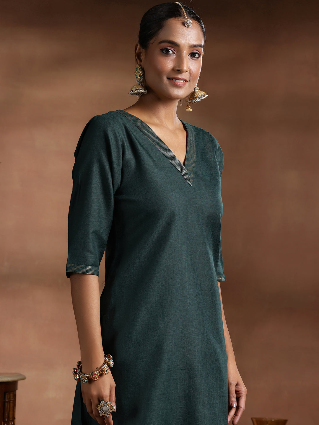Green Solid Cotton Blend Straight Suit With Dupatta