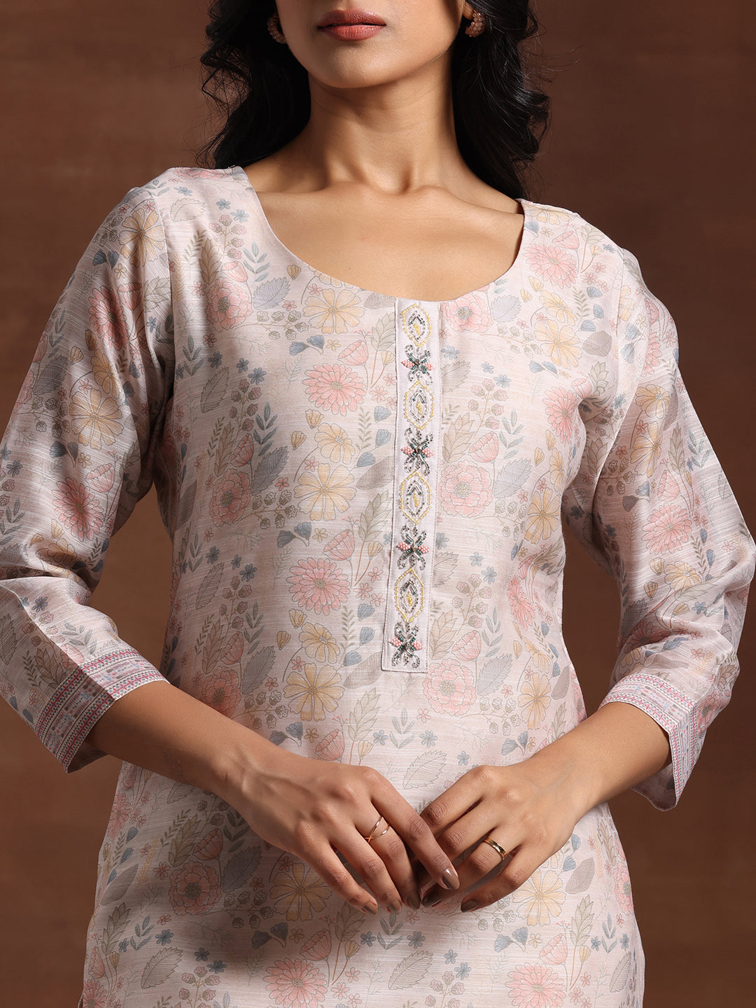 Beige Printed Chanderi Silk Straight Suit With Dupatta