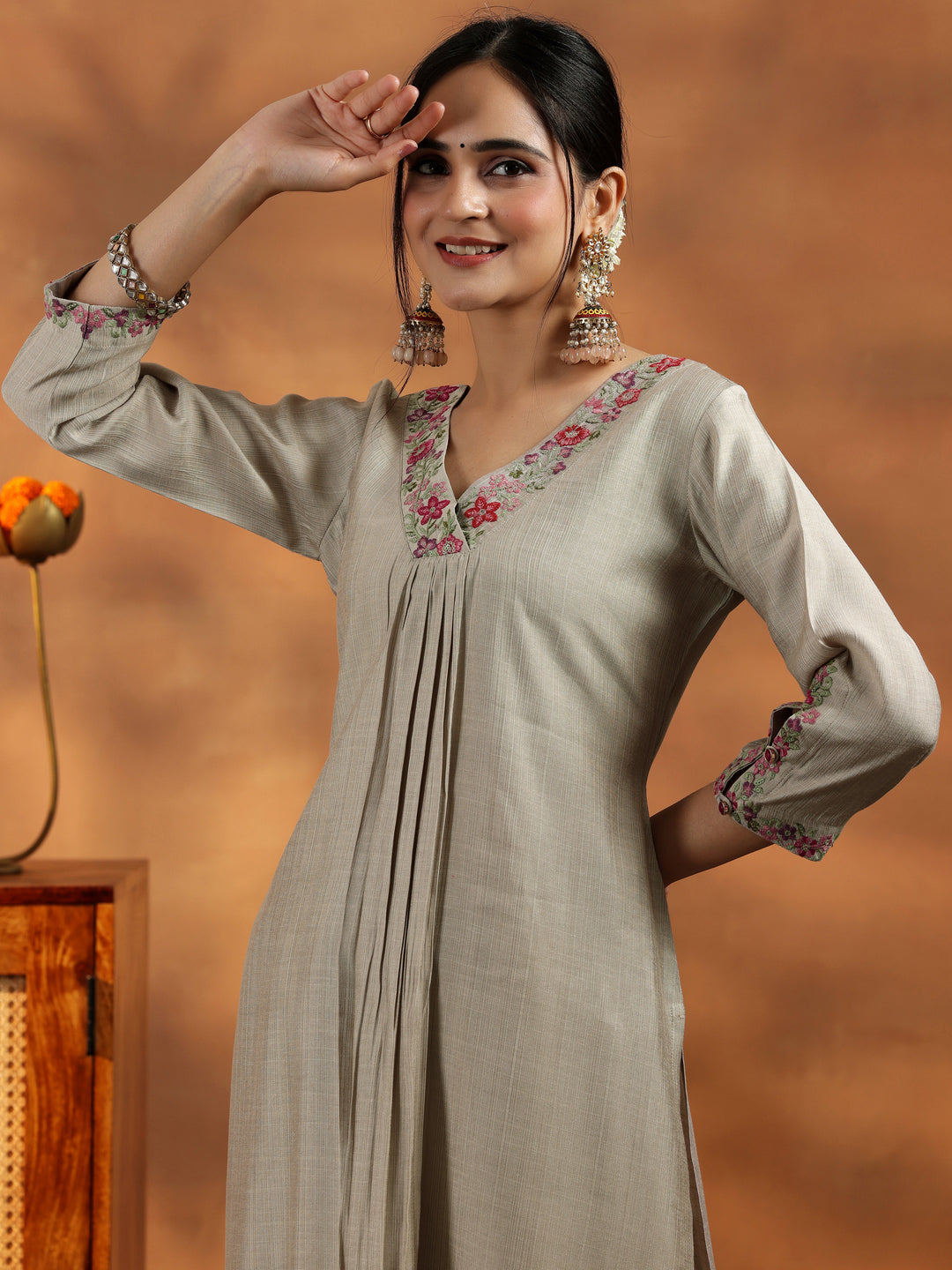 Beige Yoke Design Silk Blend Straight Suit With Dupatta