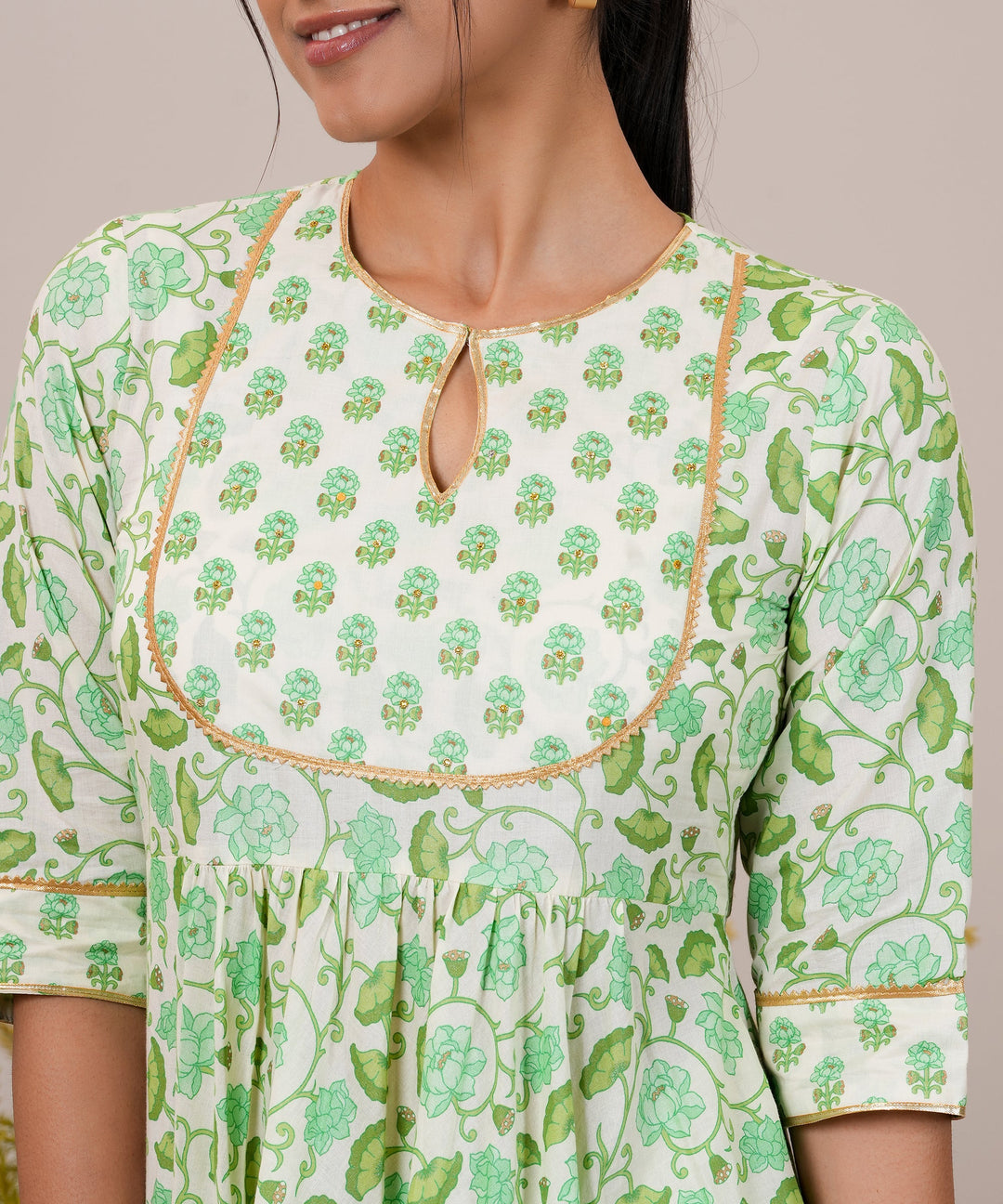 Green Yoke Design Cotton Anarkali Kurta With Trousers & Dupatta - ShopLibas