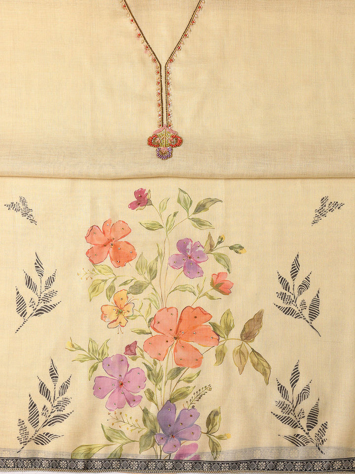 Beige Printed Cotton Blend Dress Material With Dupatta