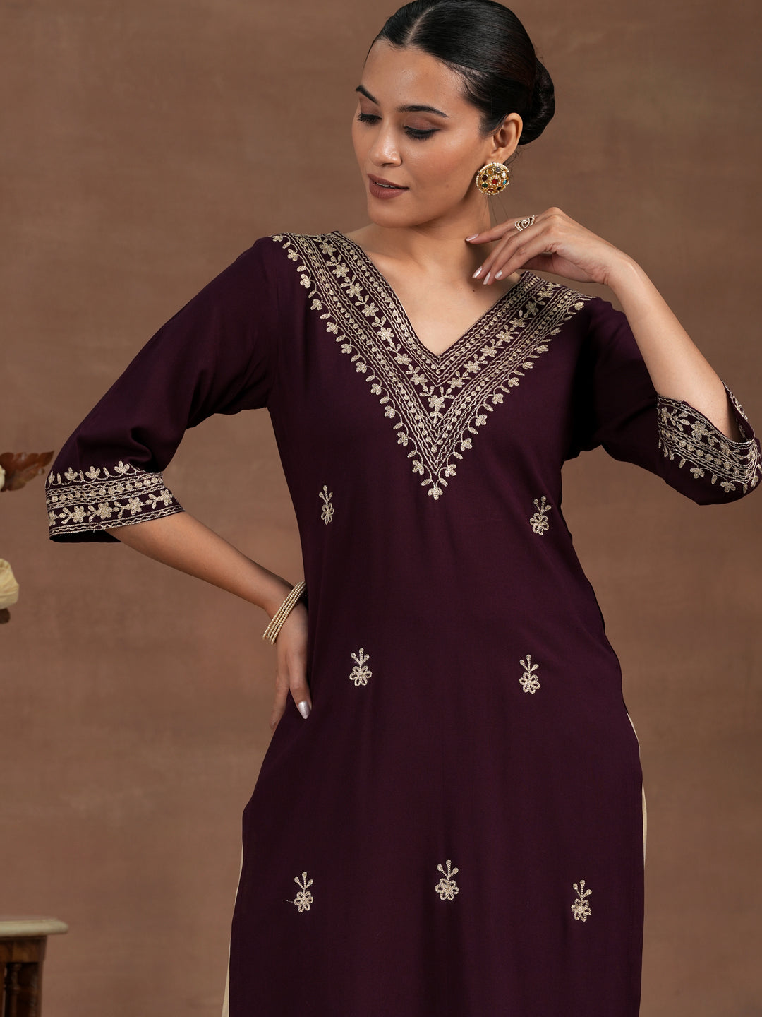Wine Embroidered Rayon Straight Kurta