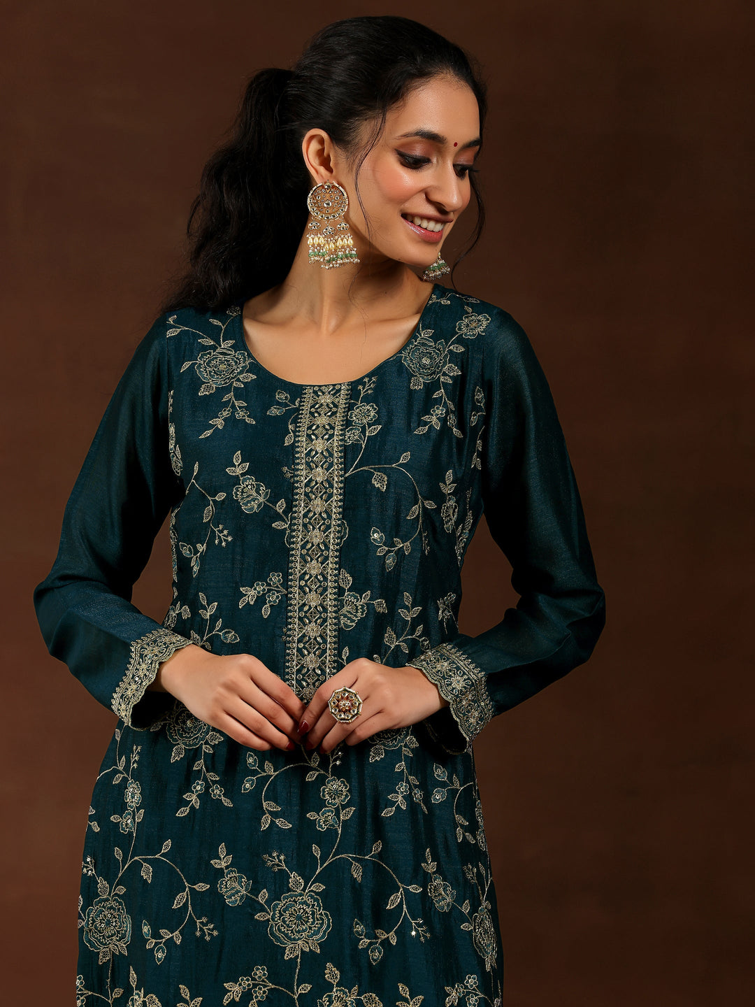 Teal Embroidered Silk Blend Straight Suit With Dupatta