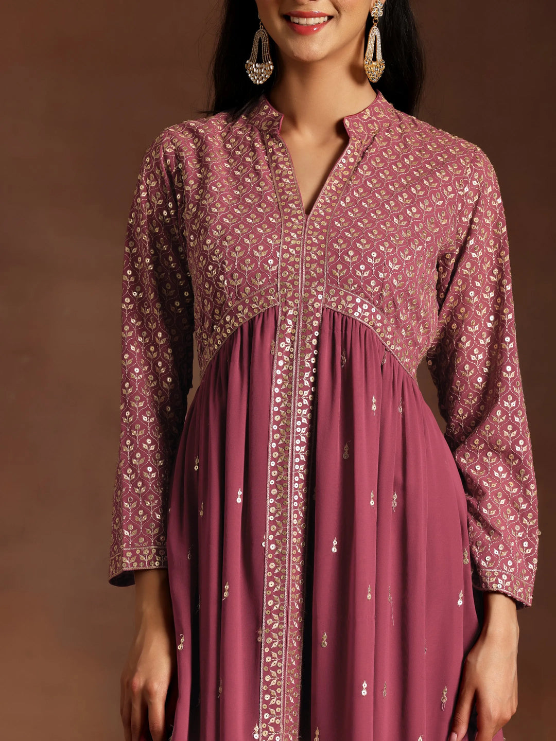 Libas Art Chandni Mauve Embroidered Georgette A-Line Kurta With Trousers & Dupatta