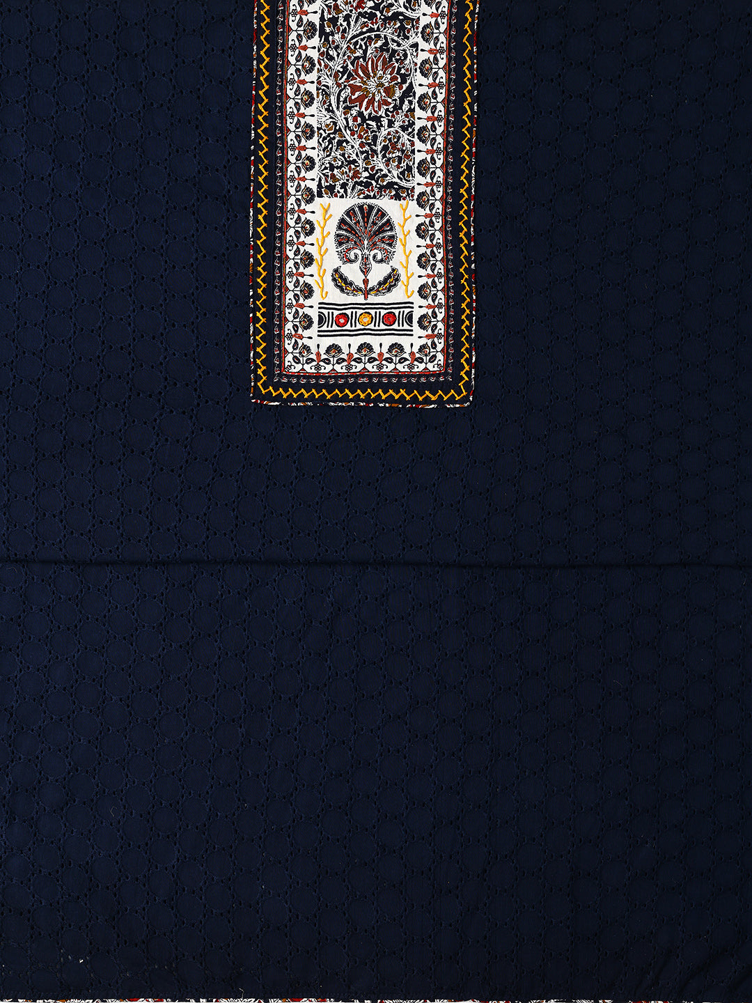 Navy Blue Printed Cotton Dress Material With Dupatta