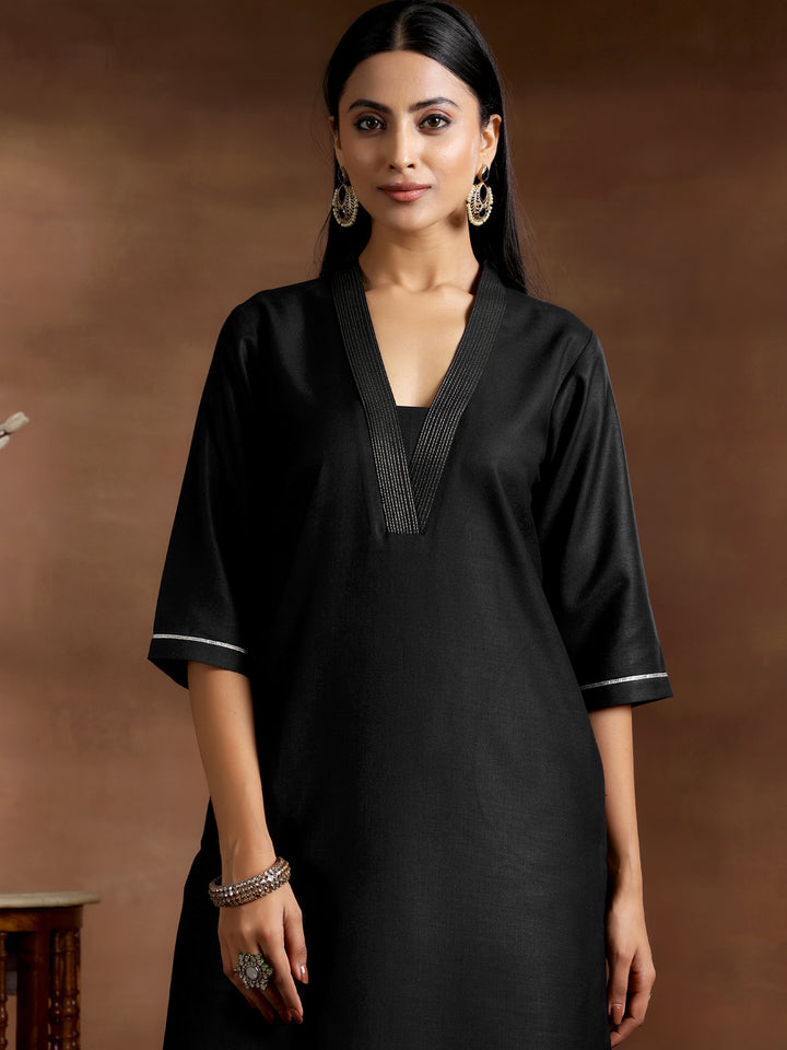 Black Solid Cotton Blend Straight Suit With Dupatta