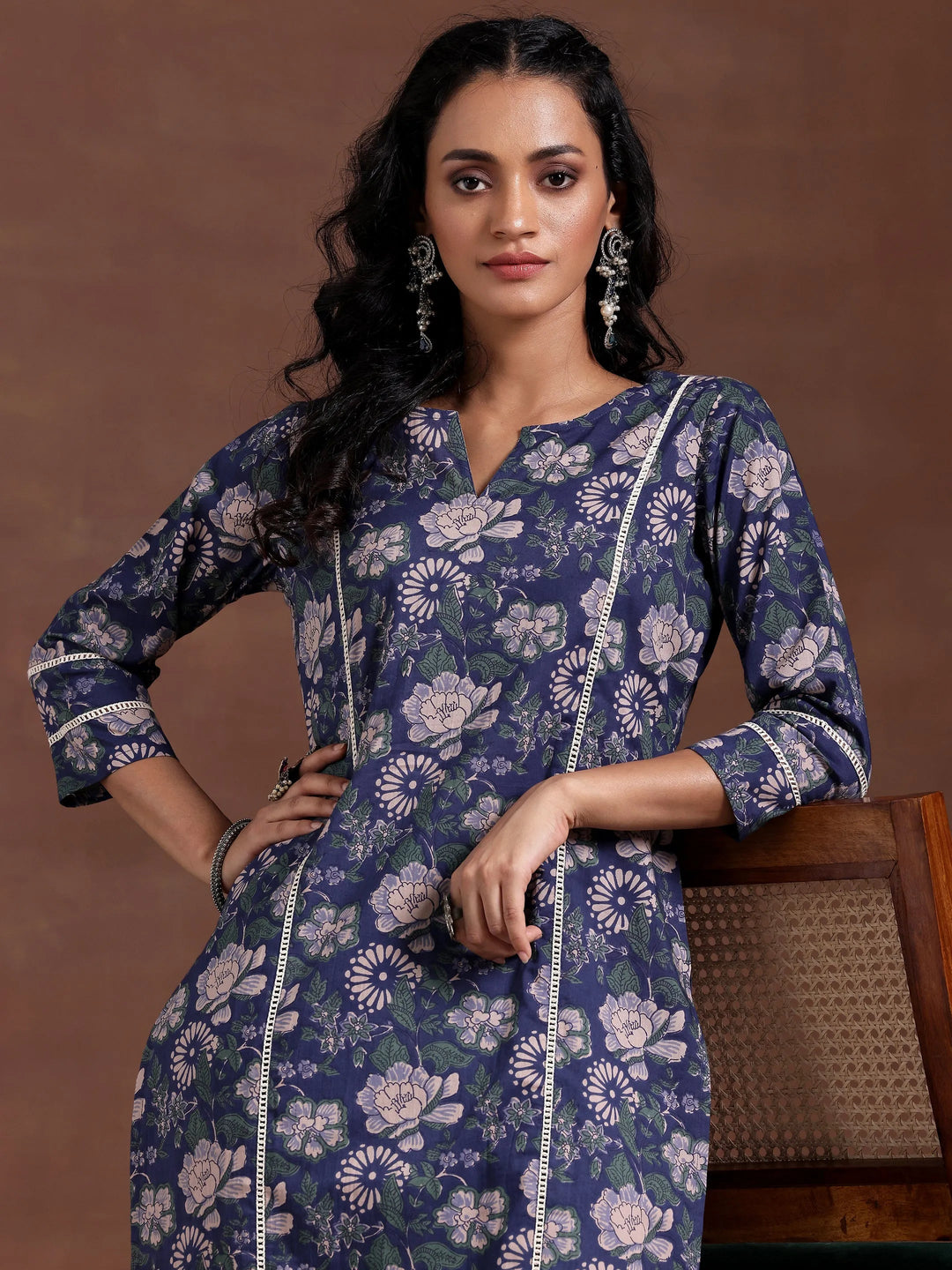 Blue Printed Cotton Straight Kurta Set