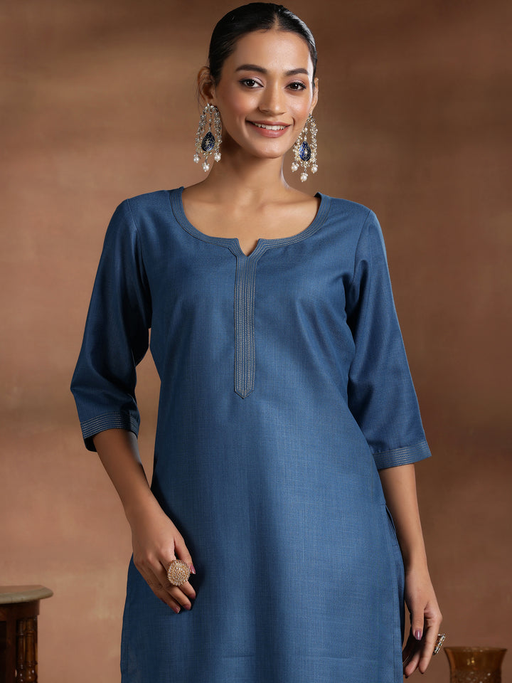 Teal Solid Cotton Blend Straight Suit With Dupatta