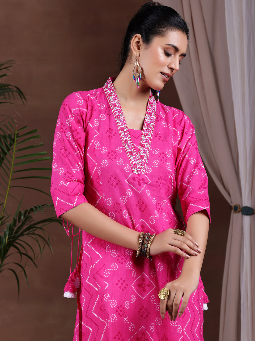Pink Printed Cotton A-Line Kurta With Salwar & Dupatta