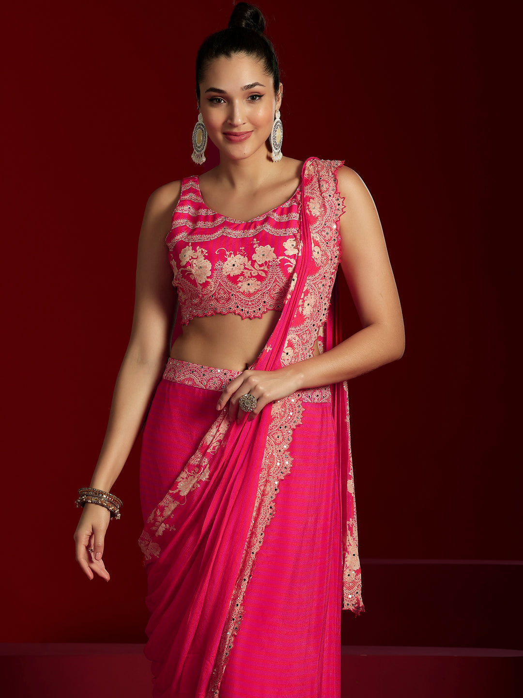 Libas Art Pink Embellished Chinnon Saree