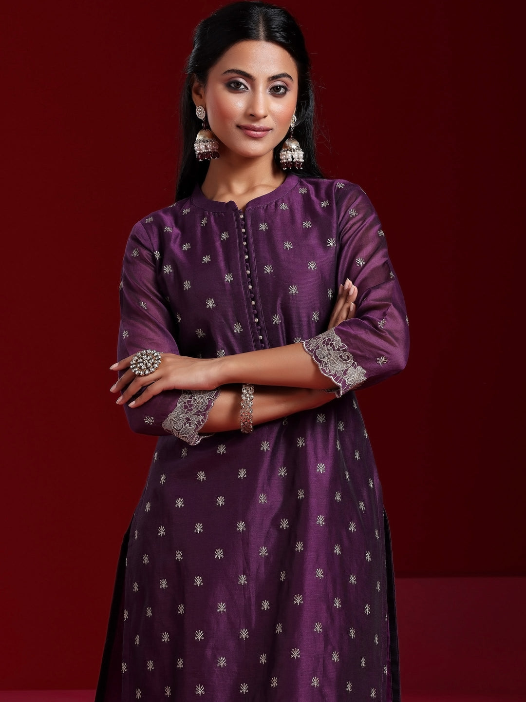 Libas Art Wine Embroidered Chanderi Silk Straight Suit With Dupatta