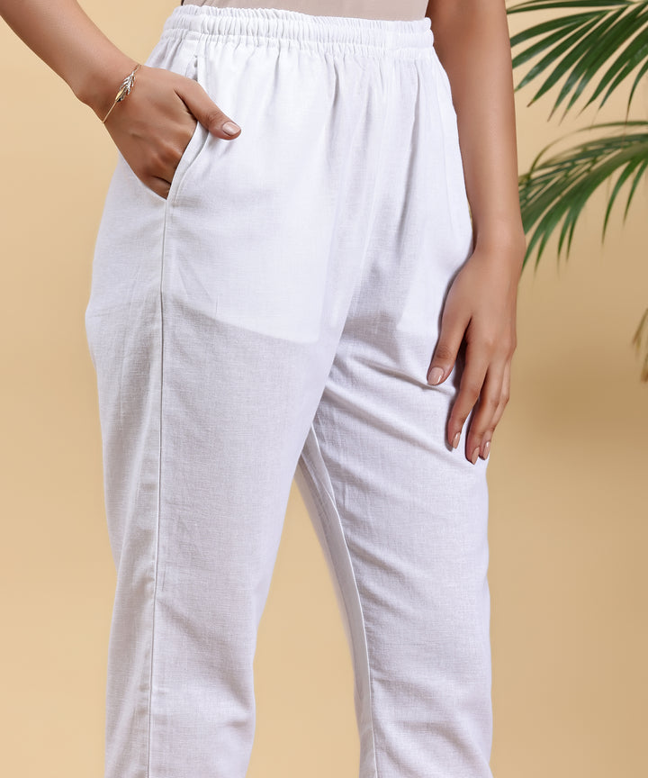 White Solid Cotton Straight Fit Trousers