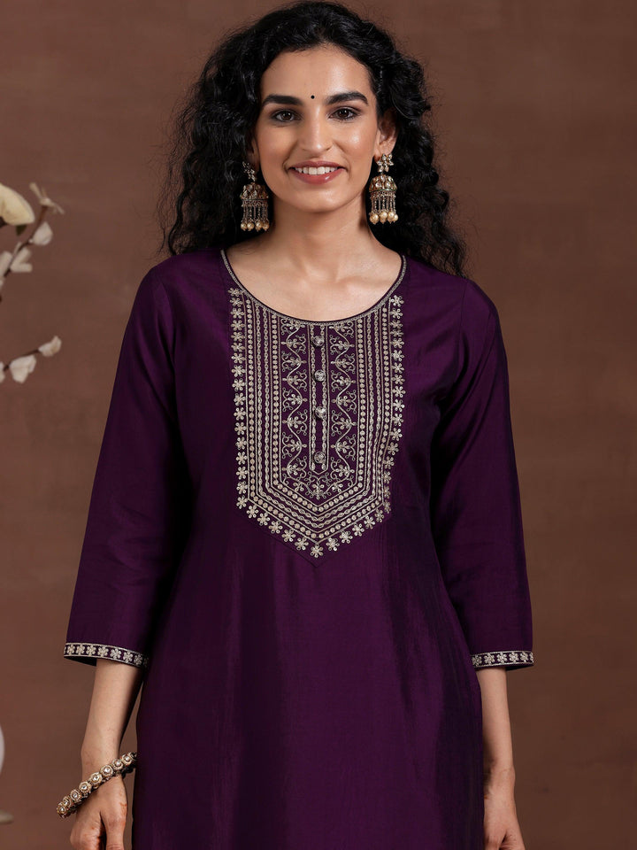 Wine Yoke Design Silk Blend Straight Suit With Dupatta