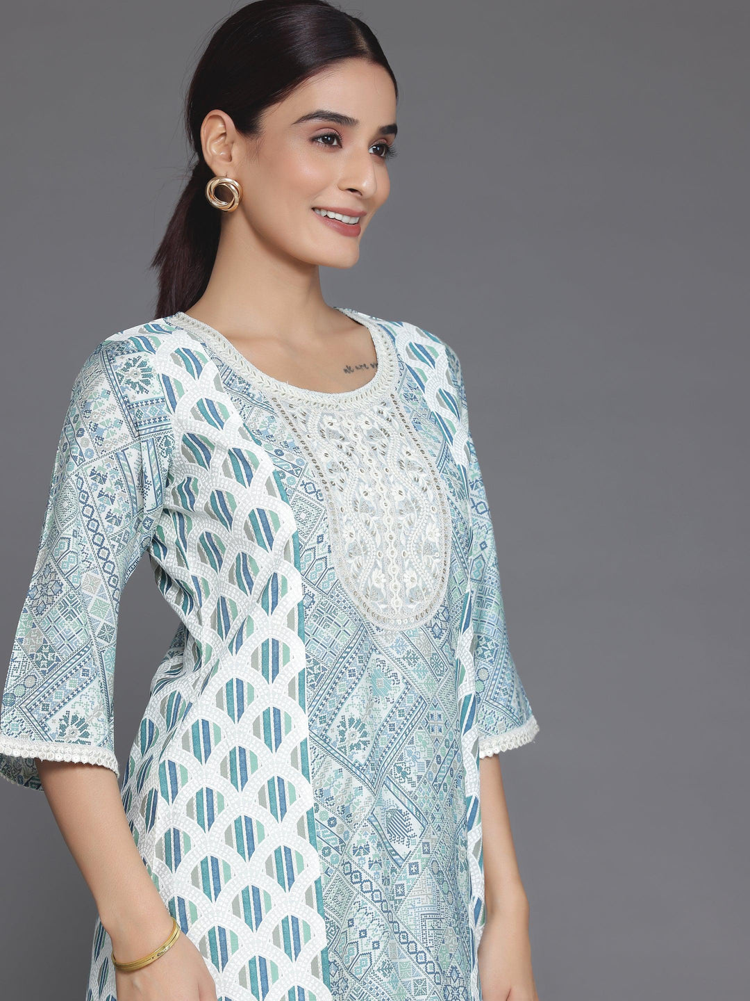 Blue Printed Silk Blend A-Line Kurta With Salwar
