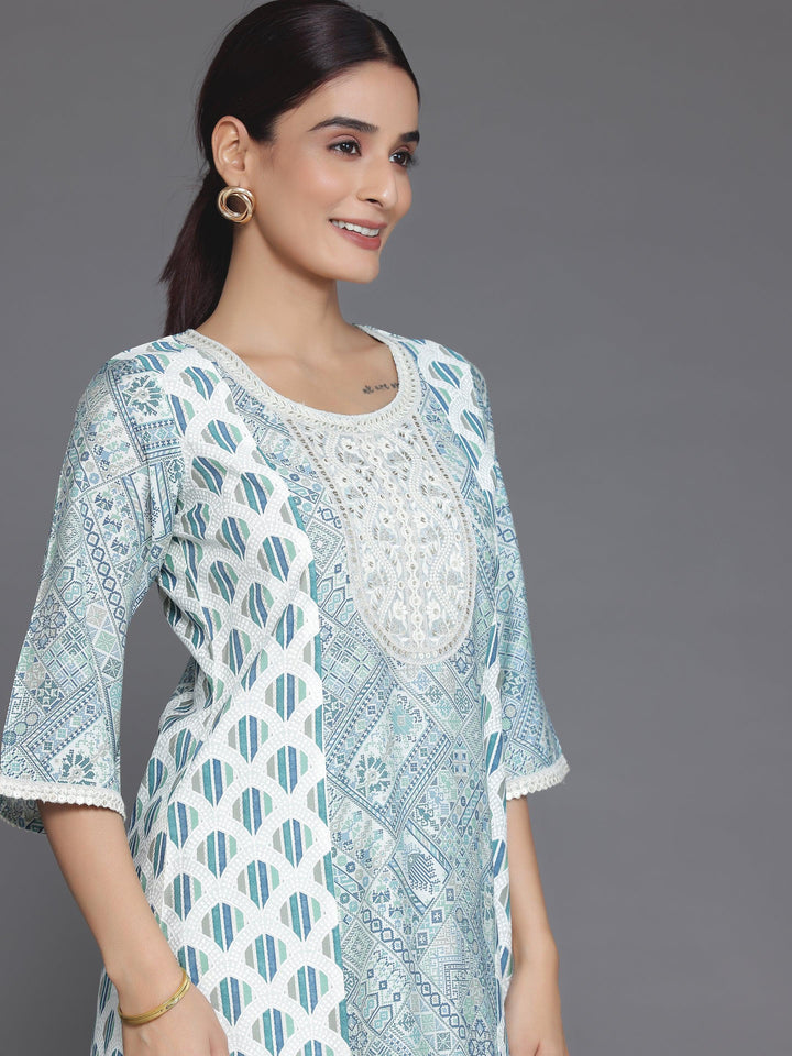 Blue Printed Silk Blend A-Line Kurta With Salwar