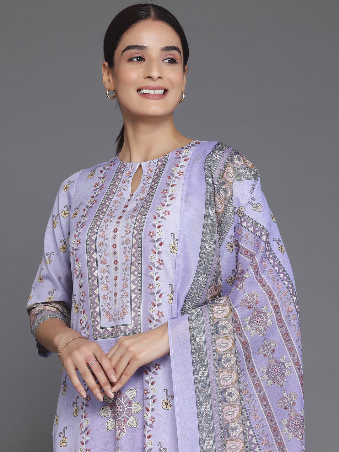 Purple Printed Poly Crepe Straight Suit With Dupatta