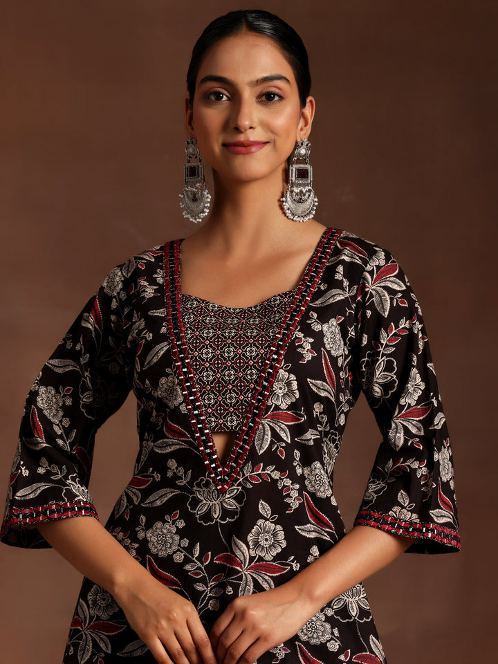 Black Printed Cotton A-Line Kurta With Palazzos