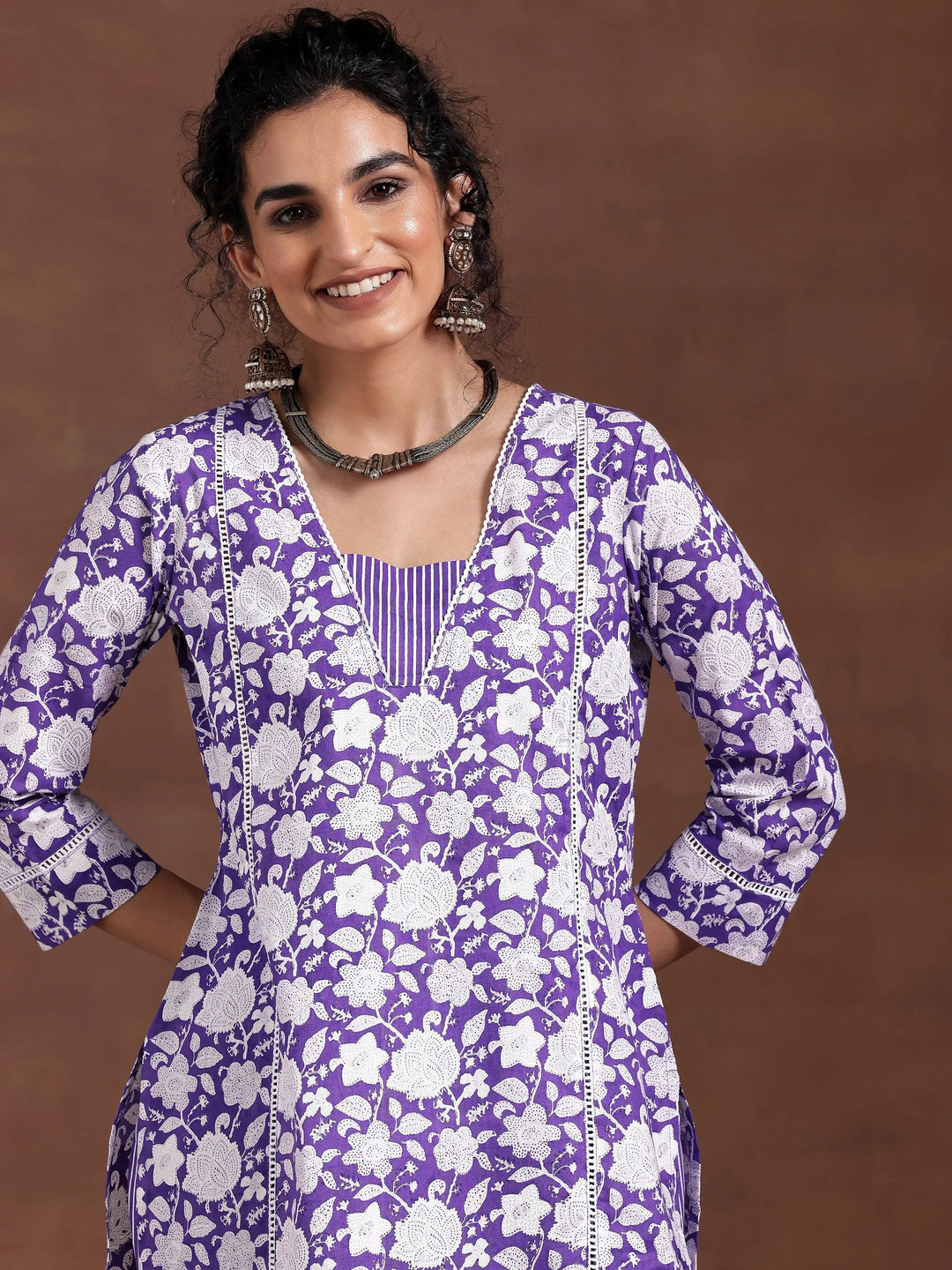 Purple Printed Cotton Straight Kurta Set