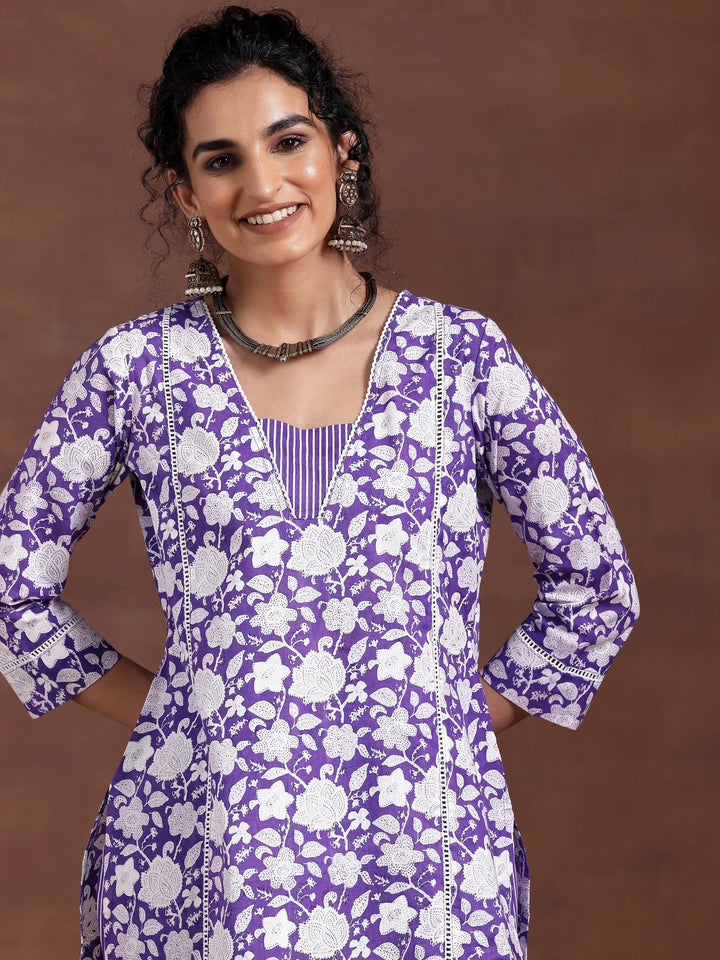 Purple Printed Cotton Straight Kurta Set
