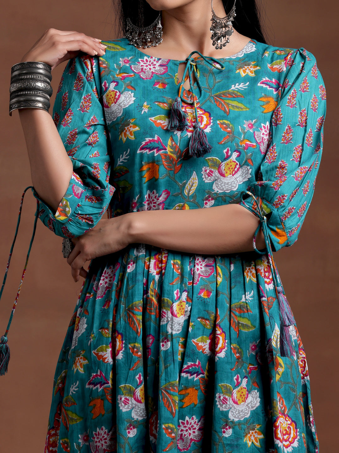 Blue Printed Cotton Fit and Flare Dress