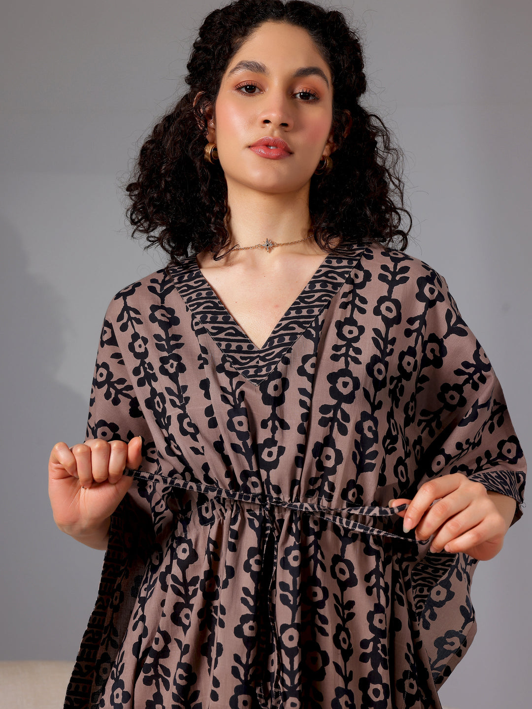 Black Printed Cotton Kaftan Night Dress