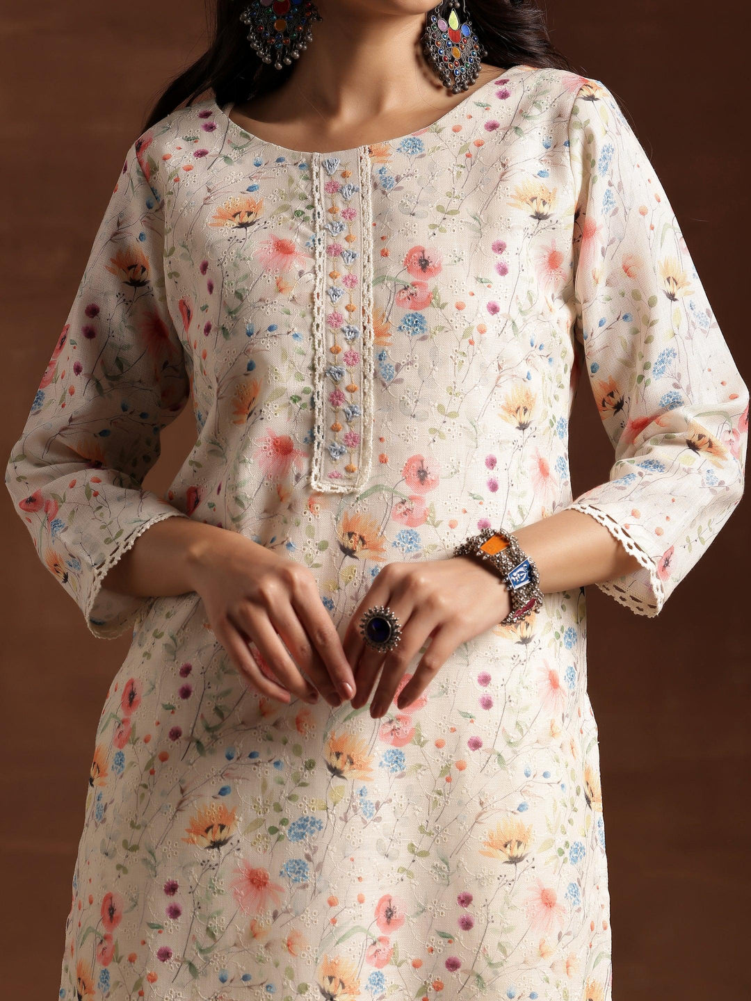 Cream Printed Cotton Straight Suit With Dupatta