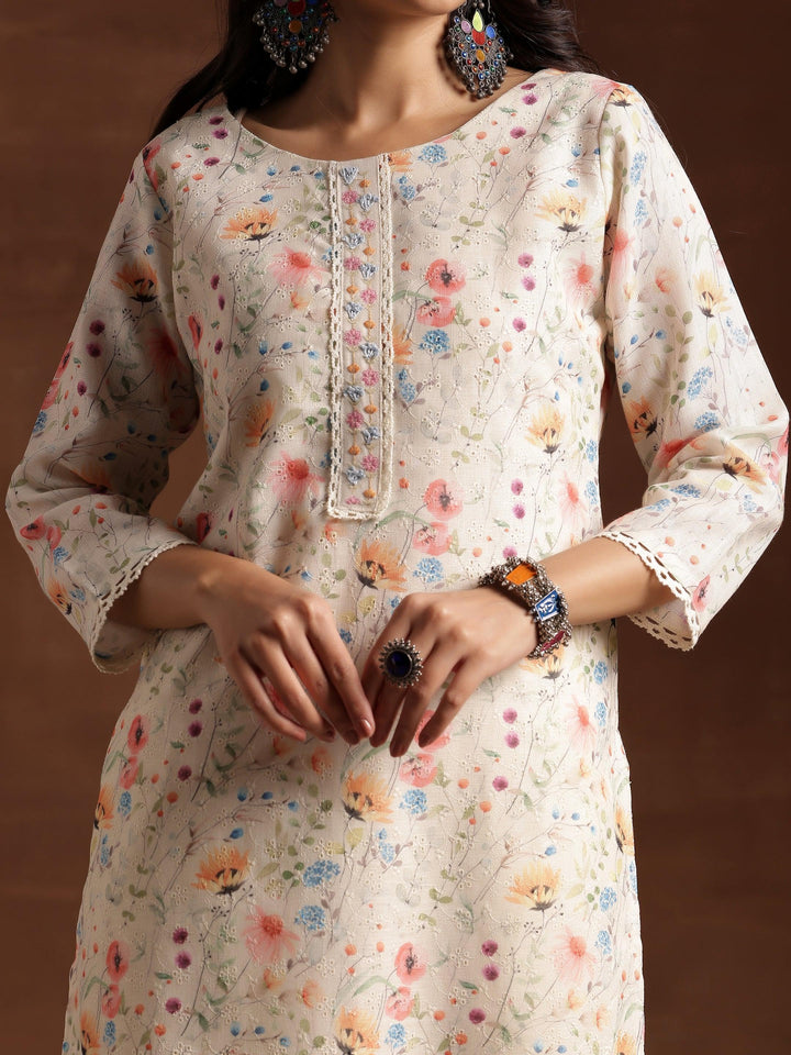 Cream Printed Cotton Straight Suit With Dupatta