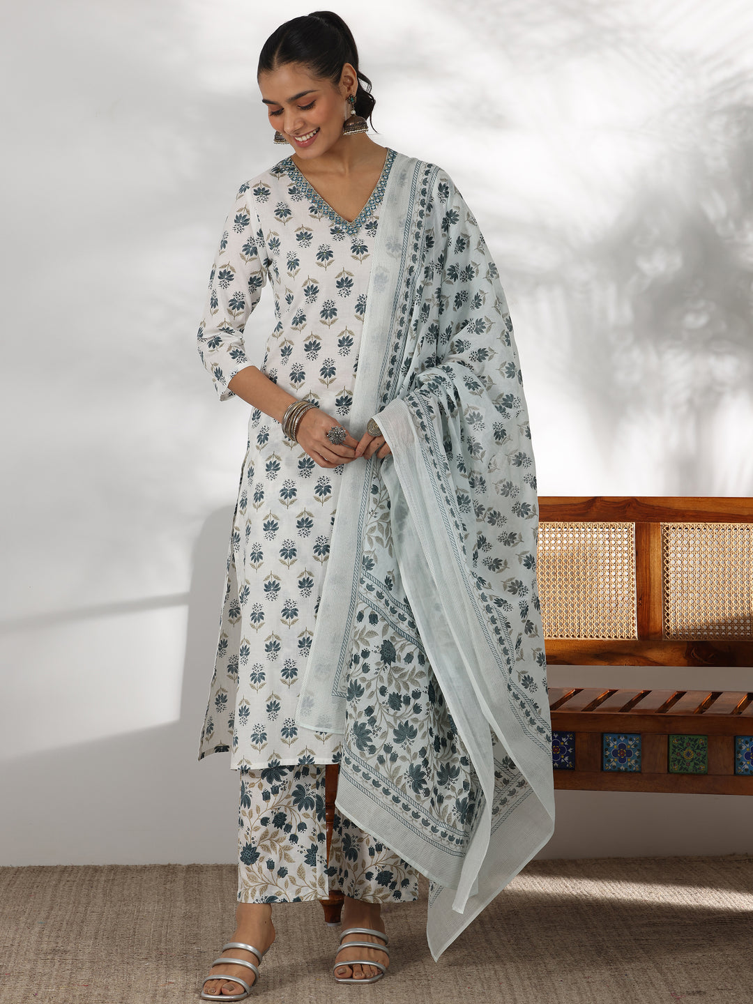 White Printed Cotton Straight Suit With Dupatta