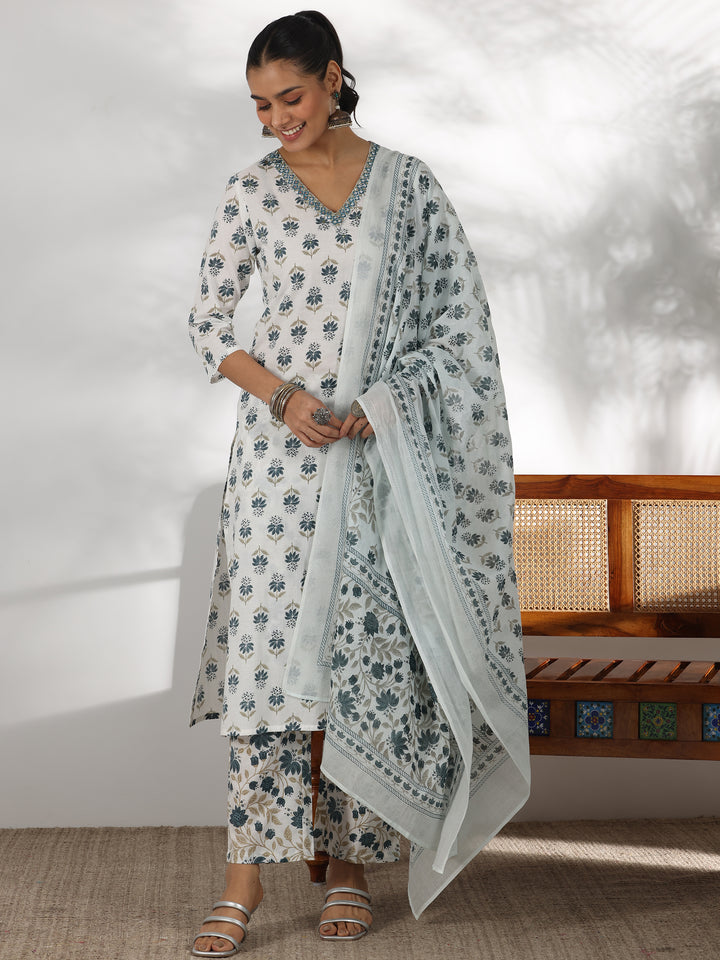 White Printed Cotton Straight Suit With Dupatta