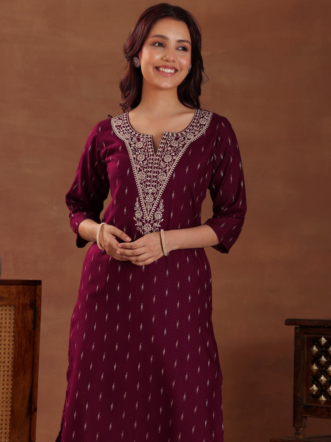 Maroon Woven Design Cotton Straight Kurta