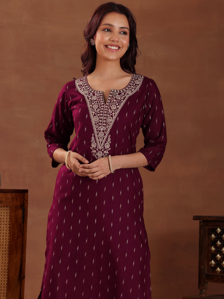 Maroon Woven Design Cotton Straight Kurta