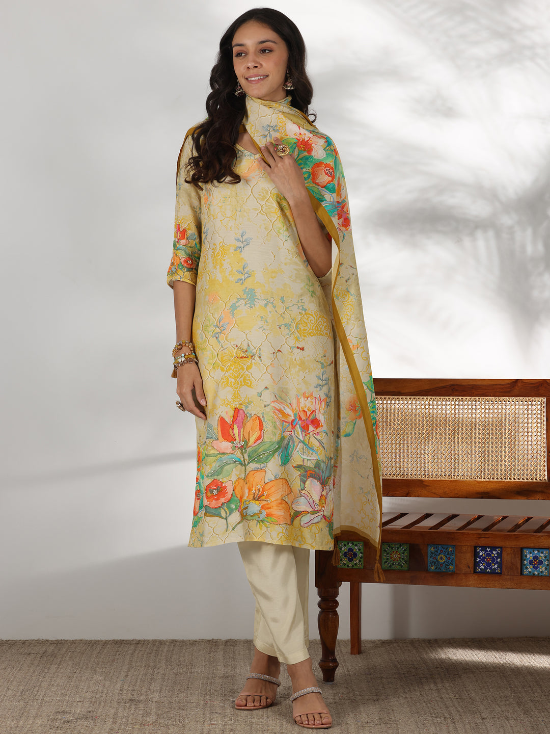Beige Printed Muslin Straight Suit With Dupatta