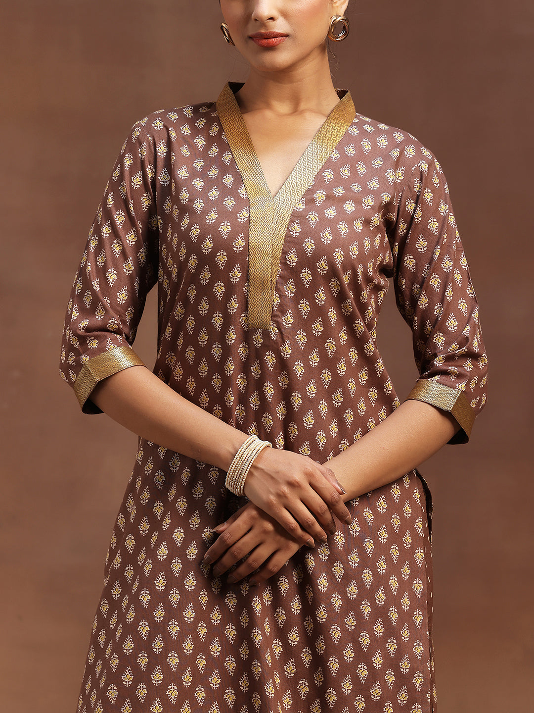 Brown Printed Cotton Straight Suit With Dupatta