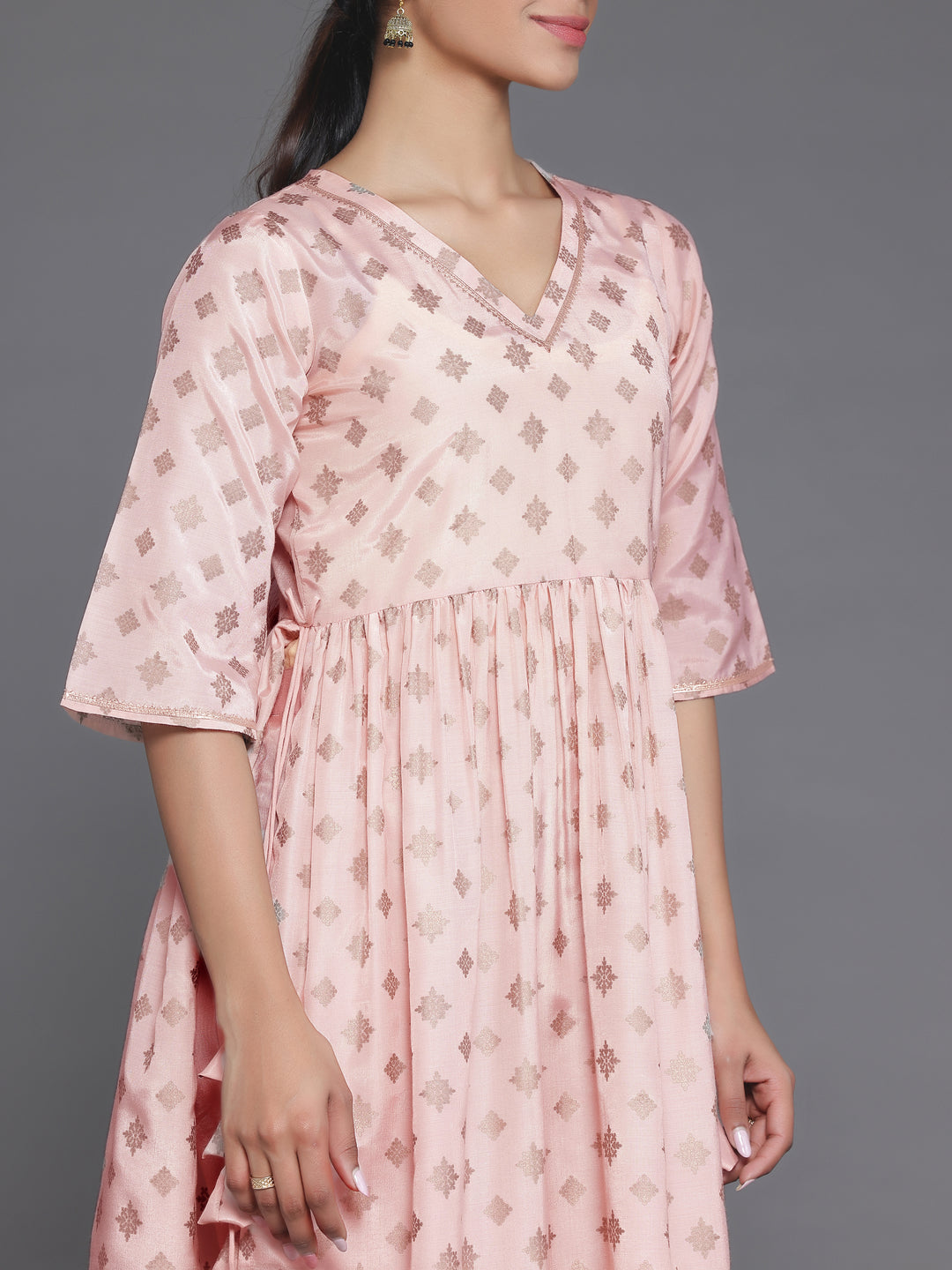 Peach Printed Silk Blend A-Line Kurta With Trousers