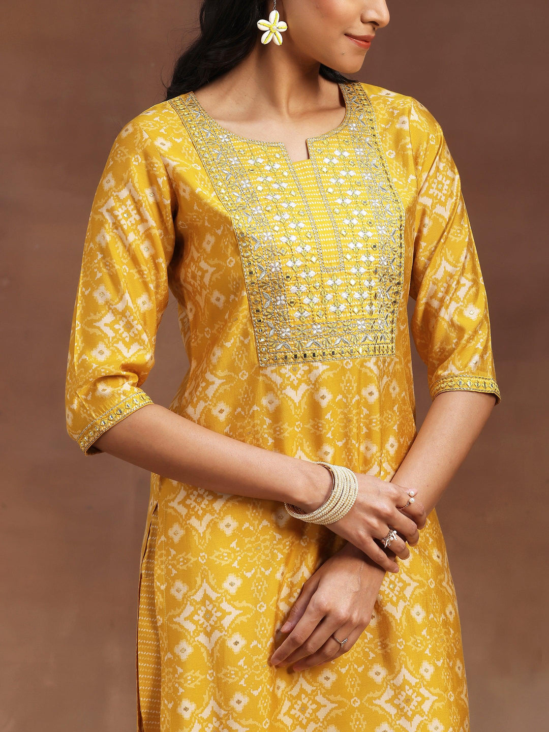 Yellow Printed Silk Blend Straight Suit With Dupatta