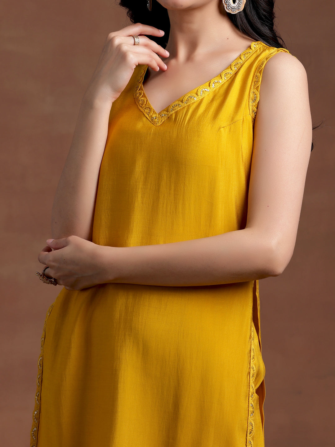 Mustard Solid Silk Blend Straight Suit With Dupatta