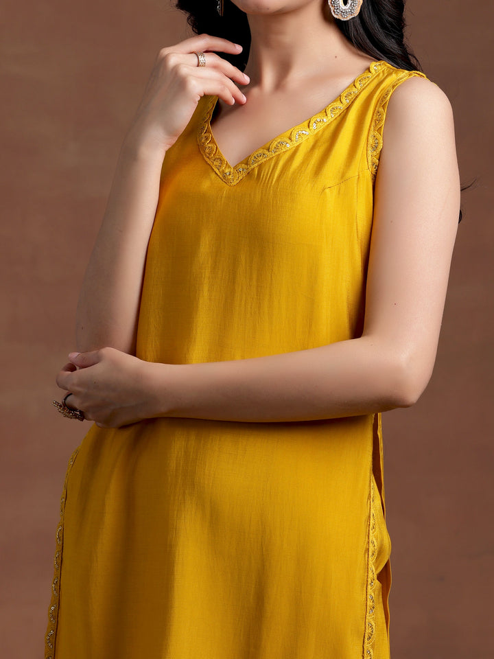Mustard Solid Silk Blend Straight Suit With Dupatta