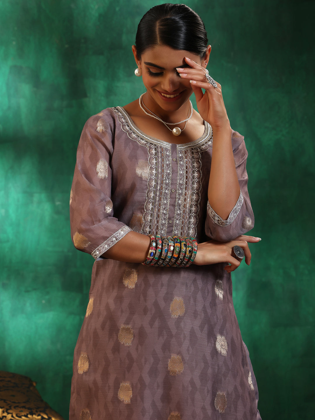 Brown Printed Silk Blend Straight Suit With Dupatta