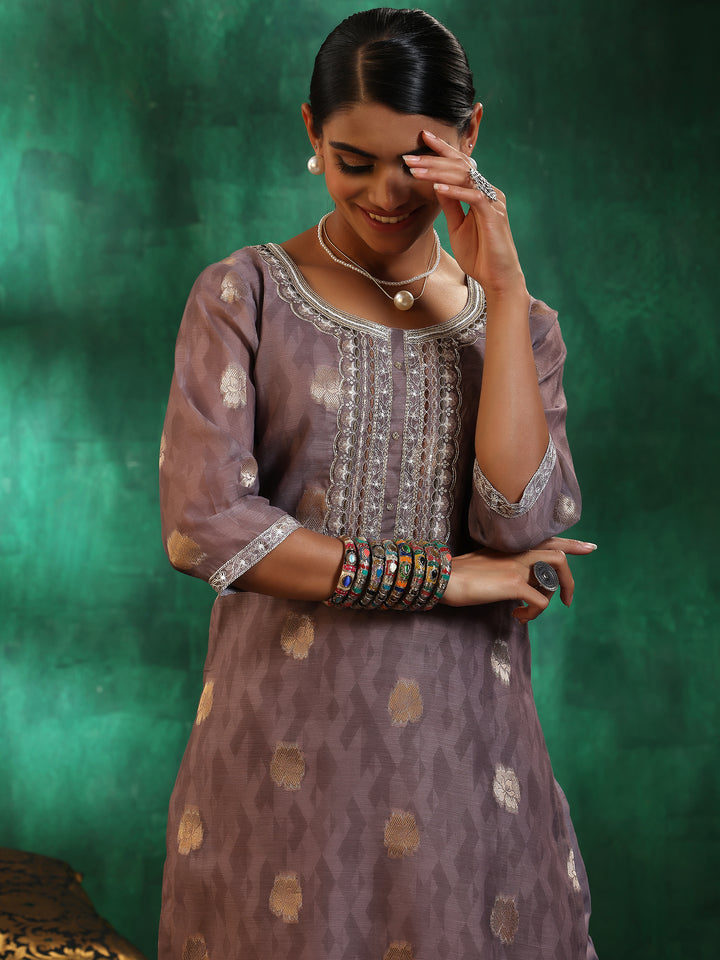 Brown Printed Silk Blend Straight Suit With Dupatta