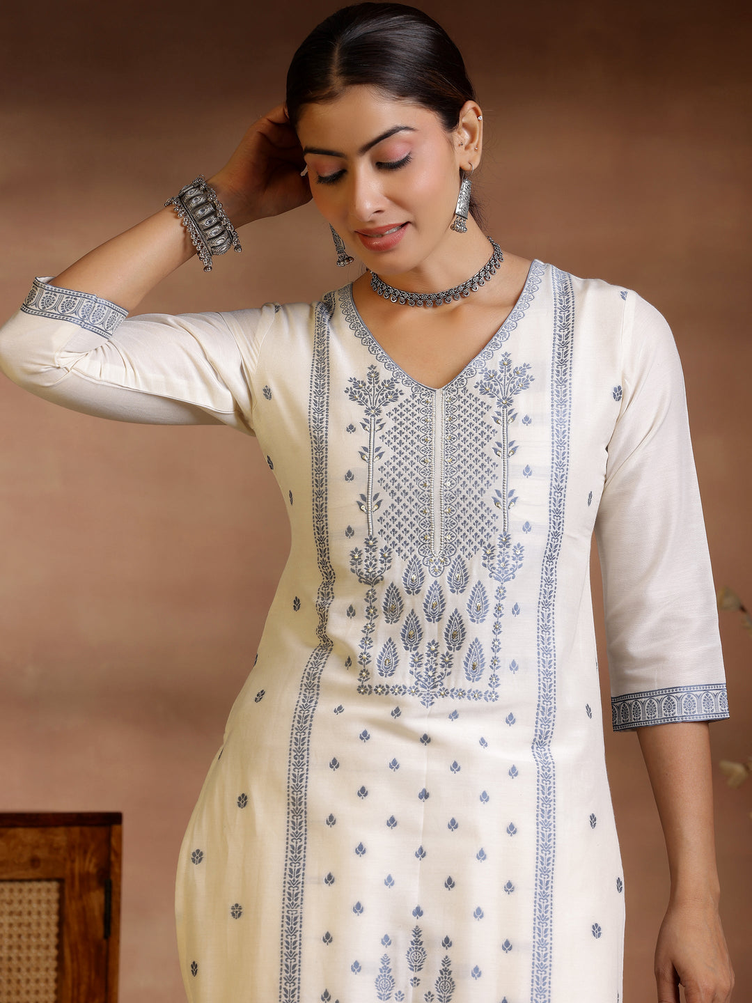 Off White Woven Design Chanderi Silk Straight Suit With Dupatta