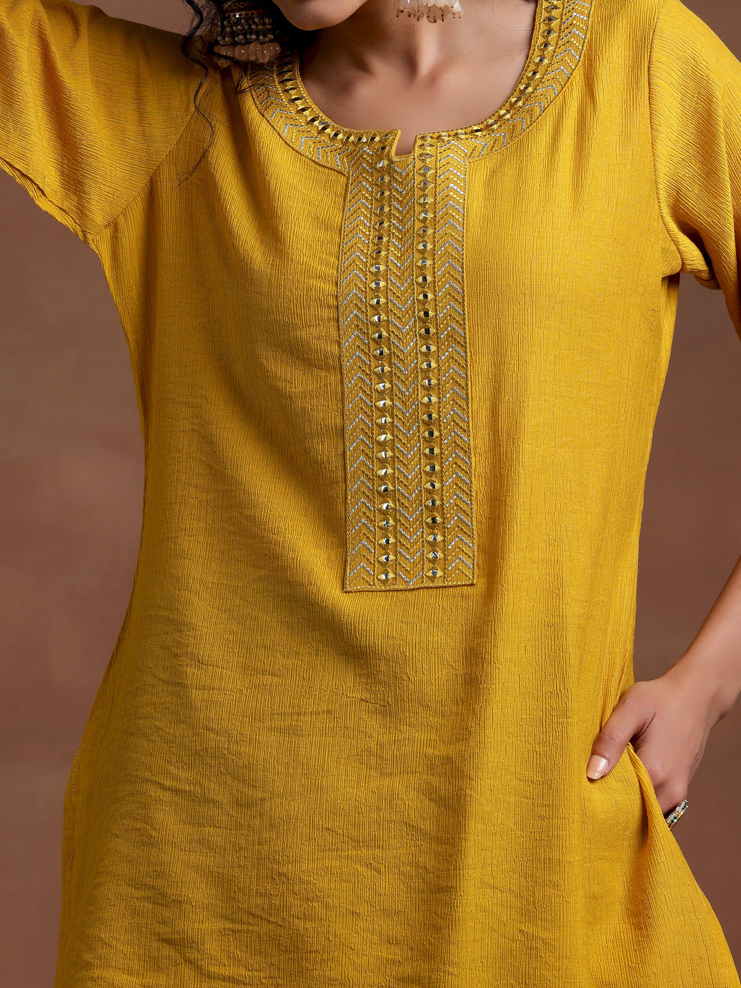 Mustard Self Design Cotton Blend Kurti
