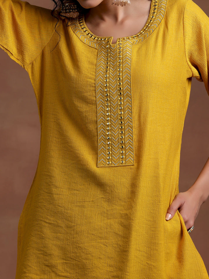Mustard Self Design Cotton Blend Kurti