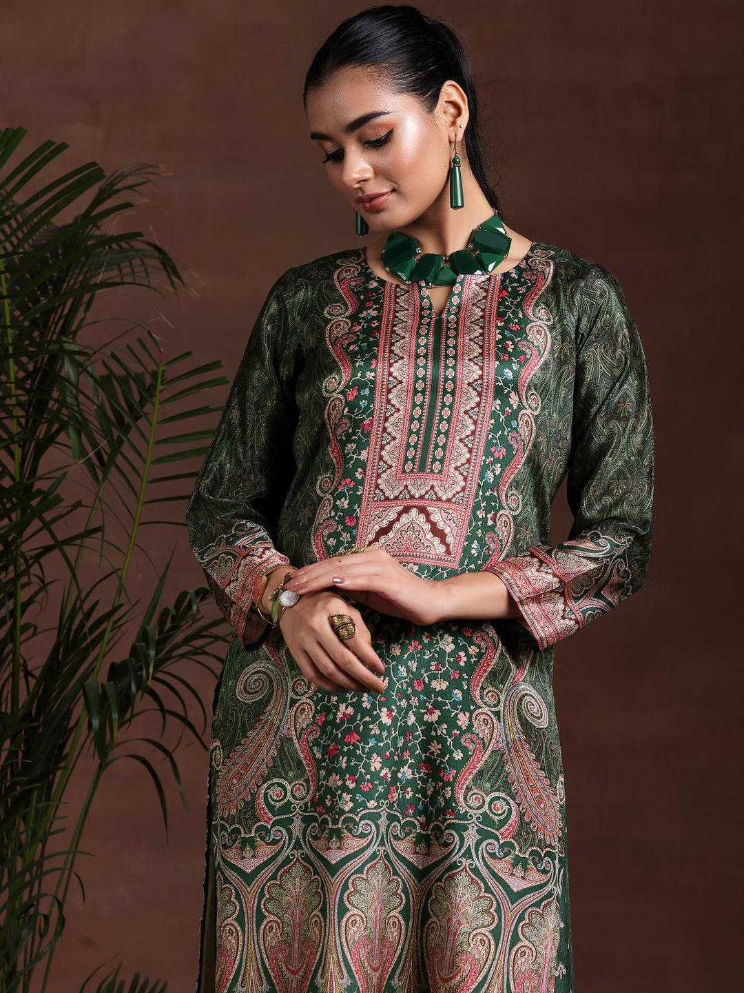 Green Printed Silk Blend Straight Suit With Dupatta